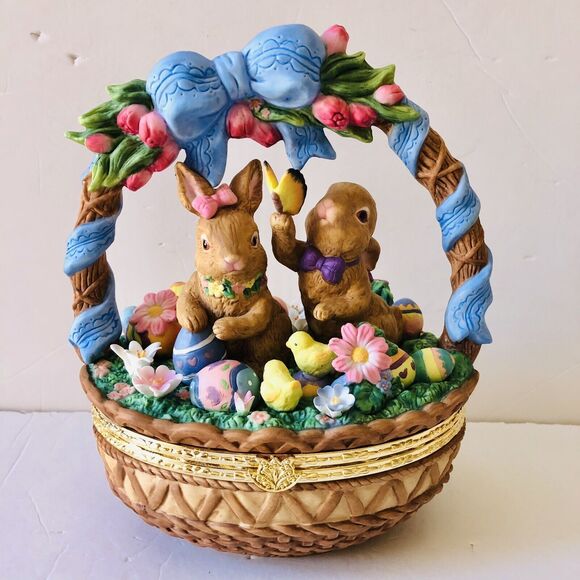 Porcelain Bunny In A Easter Egg Basket Rabbit Chickens Eggs, Flowers 9" Tall - Picture 4 of 12